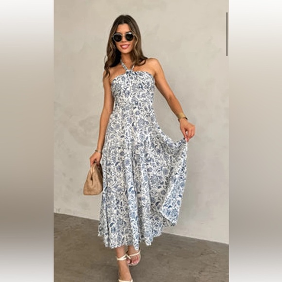 DRESS FORUM Floral Midi Tiered Halter Style/Strapless  Dress in Blue and Cream - Picture 9 of 13